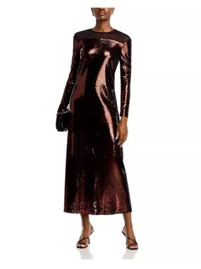 Sequin Long-Sleeve Evening Maxi Dress in Metallic Brown